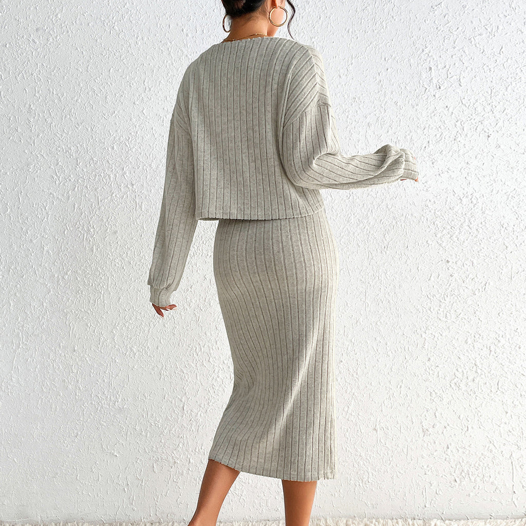 Zwei-teiliger Strickkleid-Mantel mit Langarm und Trägern - Lirome