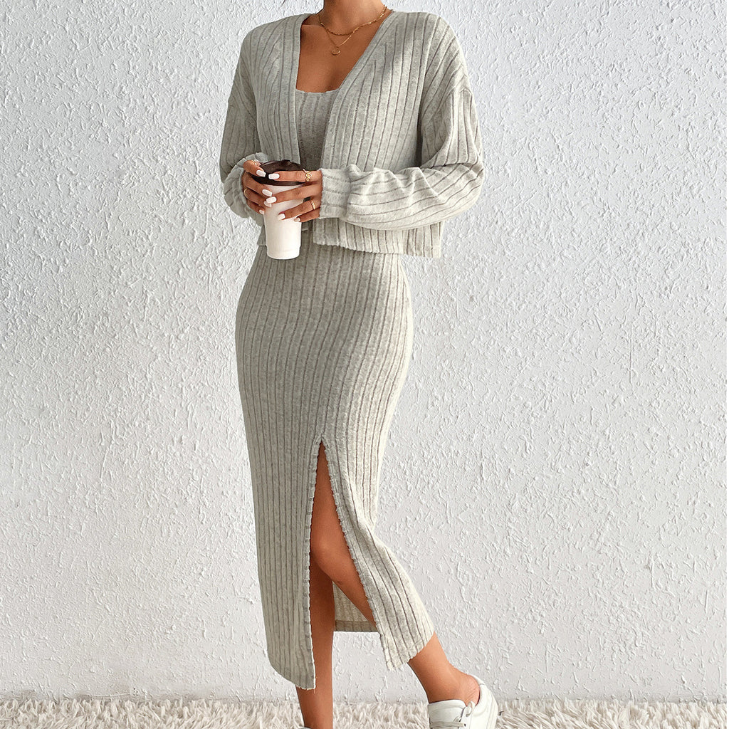 Zwei-teiliger Strickkleid-Mantel mit Langarm und Trägern - Lirome