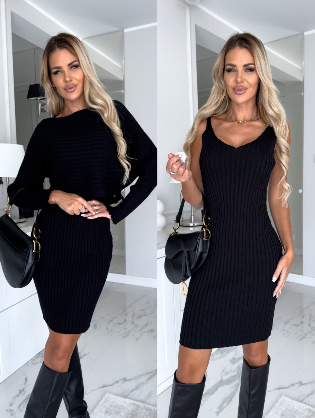 Zweiteiliges Damen-Set: Langärmliges Oberteil, Trägerkleid mit Streifenmuster - Lirome