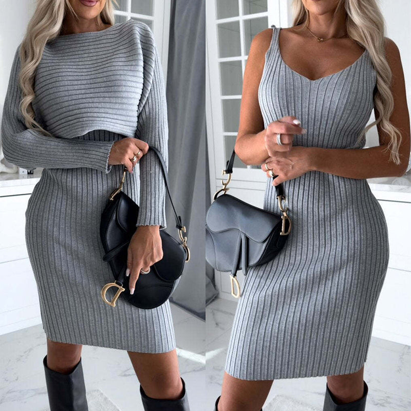 Zweiteiliges Damen-Set: Langärmliges Oberteil, Trägerkleid mit Streifenmuster - Lirome