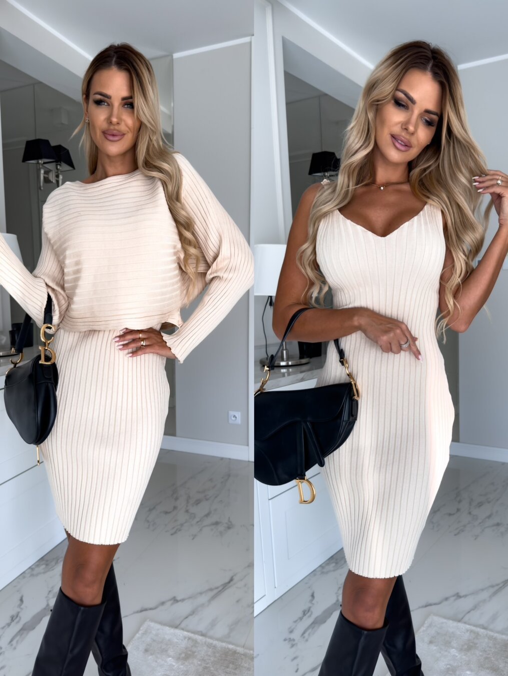 Zweiteiliges Damen-Set: Langärmliges Oberteil, Trägerkleid mit Streifenmuster - Lirome