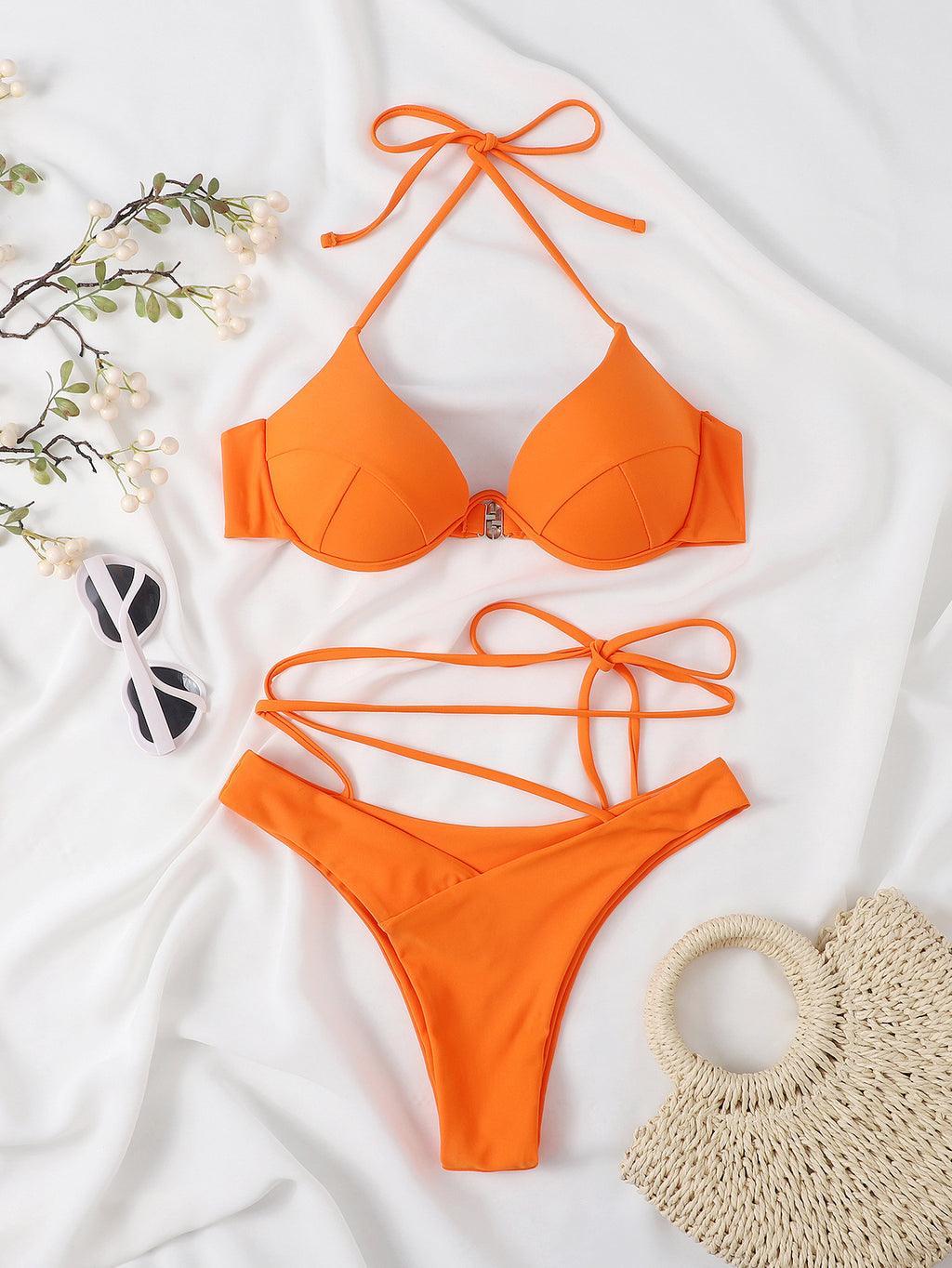 Split-Bikini-Set für Damen – Einfarbig – Nylon – Orange - Lirome