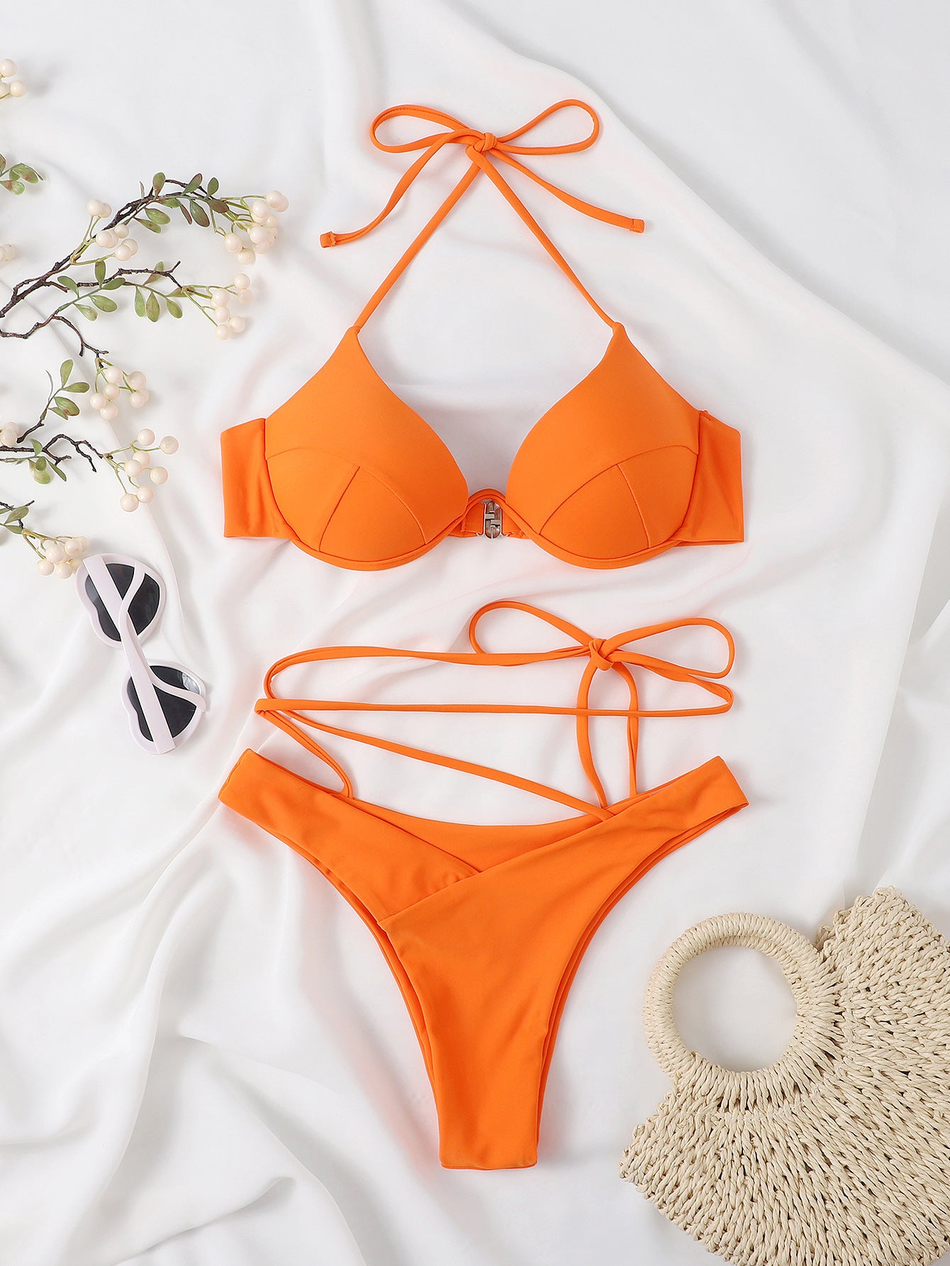 Split-Bikini-Set für Damen – Einfarbig – Nylon – Orange - Lirome